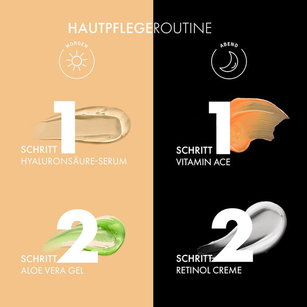 Komplette Skincare Routine mit Aloe Vera Gel, Arganöl, Vitamin C Serum, Hyaluron Serum & Retinol Creme Geschenkset