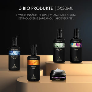 Komplette Skincare Routine mit Aloe Vera Gel, Arganöl, Vitamin C Serum, Hyaluron Serum & Retinol Creme Geschenkset