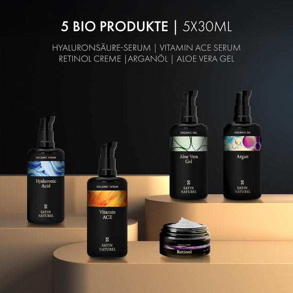 Komplette Skincare Routine mit Aloe Vera Gel, Arganöl, Vitamin C Serum, Hyaluron Serum & Retinol Creme Geschenkset
