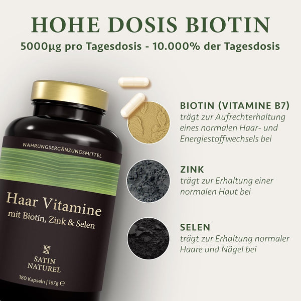 Haar Vitamine - 180 Kapseln hochdosiert mit Biotin Zink Selen