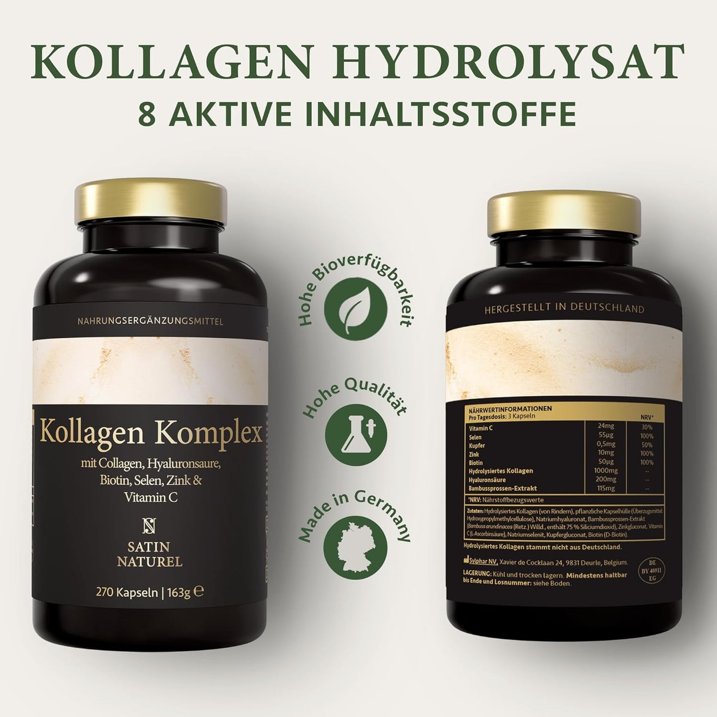 Hyaluron Kollagen Komplex – 270 hochdosierte Kapseln mit Biotin, Selen, Zink, Vitamin C & Bambusextrakt