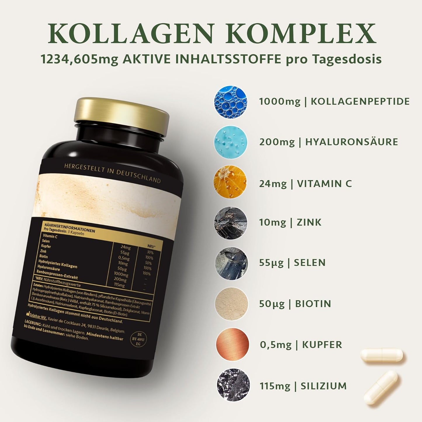 Hyaluron Kollagen Komplex – 270 hochdosierte Kapseln mit Biotin, Selen, Zink, Vitamin C & Bambusextrakt