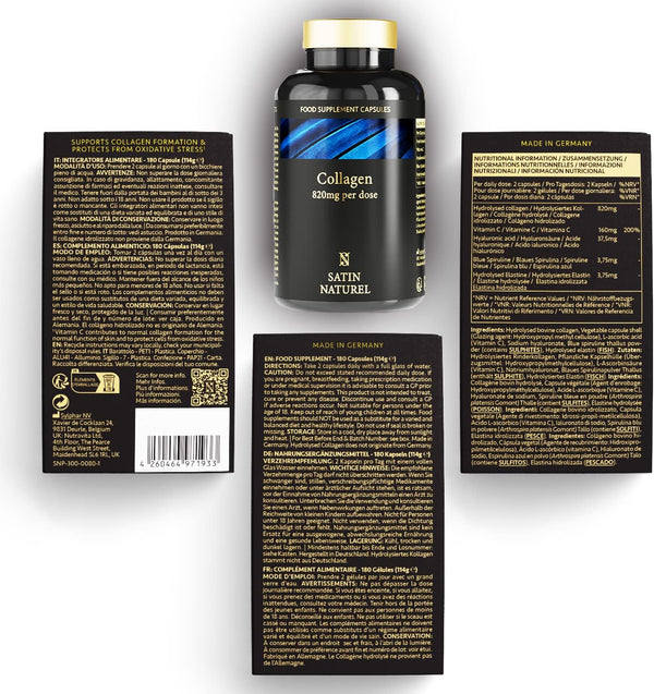 Kollagen Komplex mit Hyaluronsäure, Vitamin C & Spirulina - 180 Kapseln