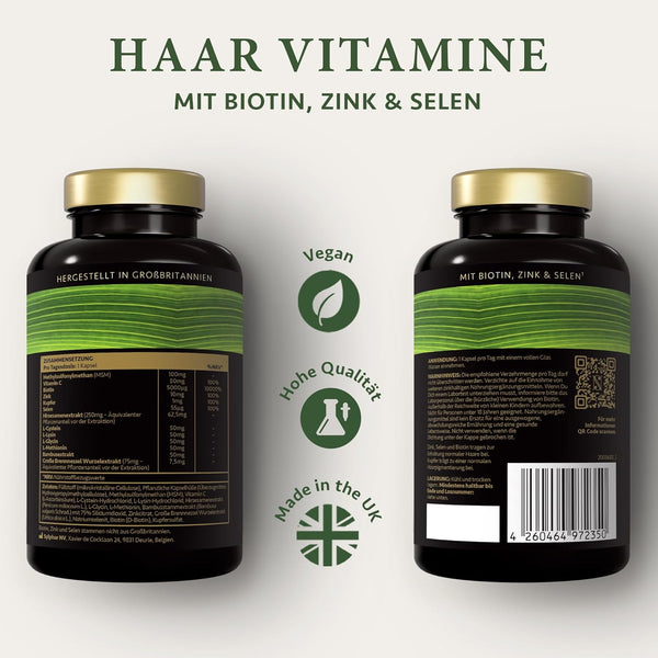 Haar Vitamine - 180 Kapseln hochdosiert mit Biotin Zink Selen