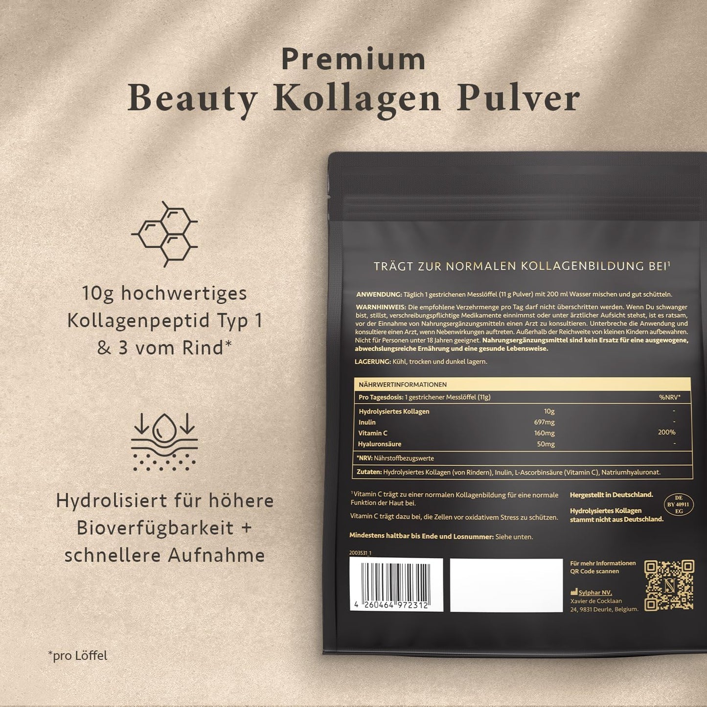 Kollagen Pulver Hochdosiert 330g – Hydrolysiertes Rinderkollagen Typ 1&3 mit Hyaluron & Vitamin C