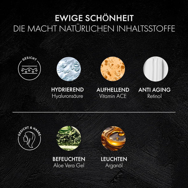 Komplette Skincare Routine mit Aloe Vera Gel, Arganöl, Vitamin C Serum, Hyaluron Serum & Retinol Creme Geschenkset