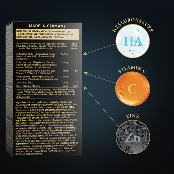 Hyaluronsäure Komplex Kapseln mit Vitamin C, Spirulina & Biotin - 90 Kapseln