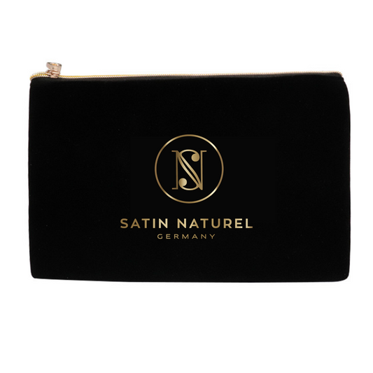 Satin Naturel schwarze Kosmetiktasche mit goldenen Reisverschluss